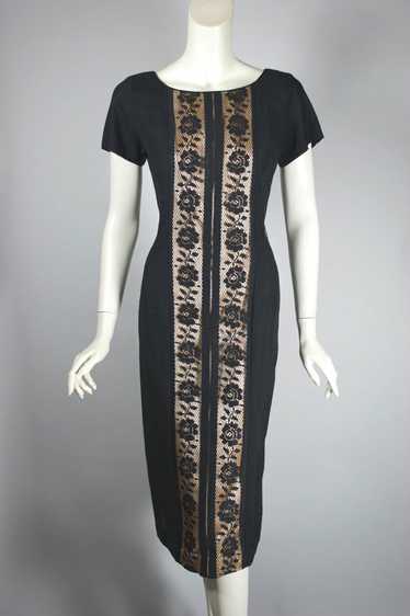 Black roses lace trim sheath dress late 1950s XS-S - image 1