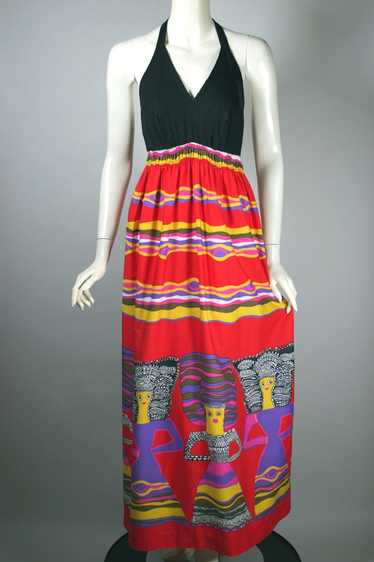 1960s-70s novelty print halter maxi sundress unwor