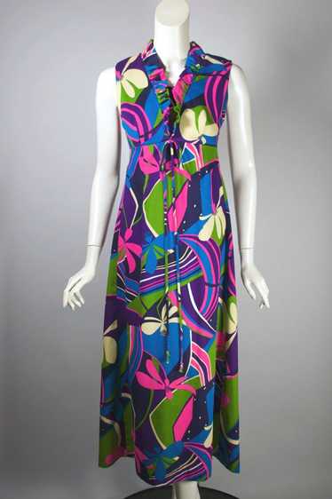 1960s Hawaiian dress purple floral barkcloth | XS