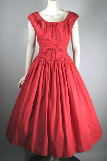 Coral cotton 1950s dress full skirt pleated bodice