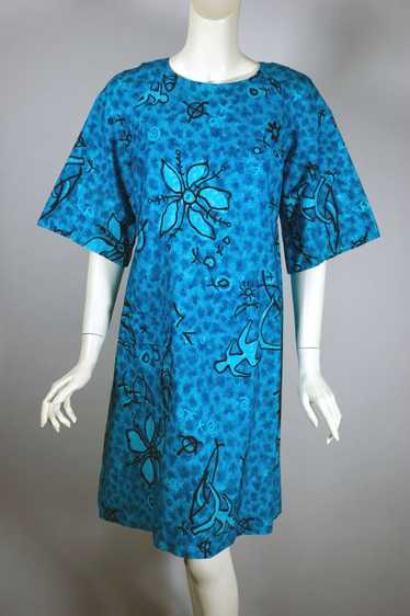Modernist Hawaiian print 1960s dress aqua blue | M