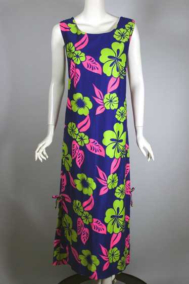 Neon floral Hawaiian print cotton 1960s maxi dress