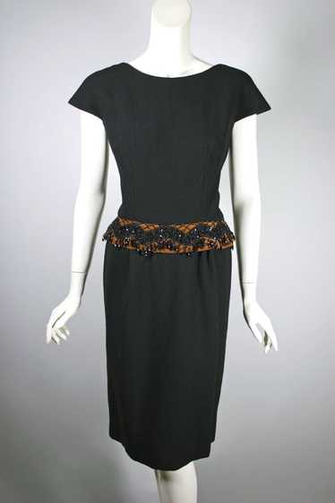 Late 1950s cocktail dress black wool beaded trim |