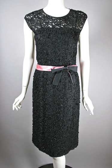 Black ribbon mesh 1960s cocktail dress bow belt | 