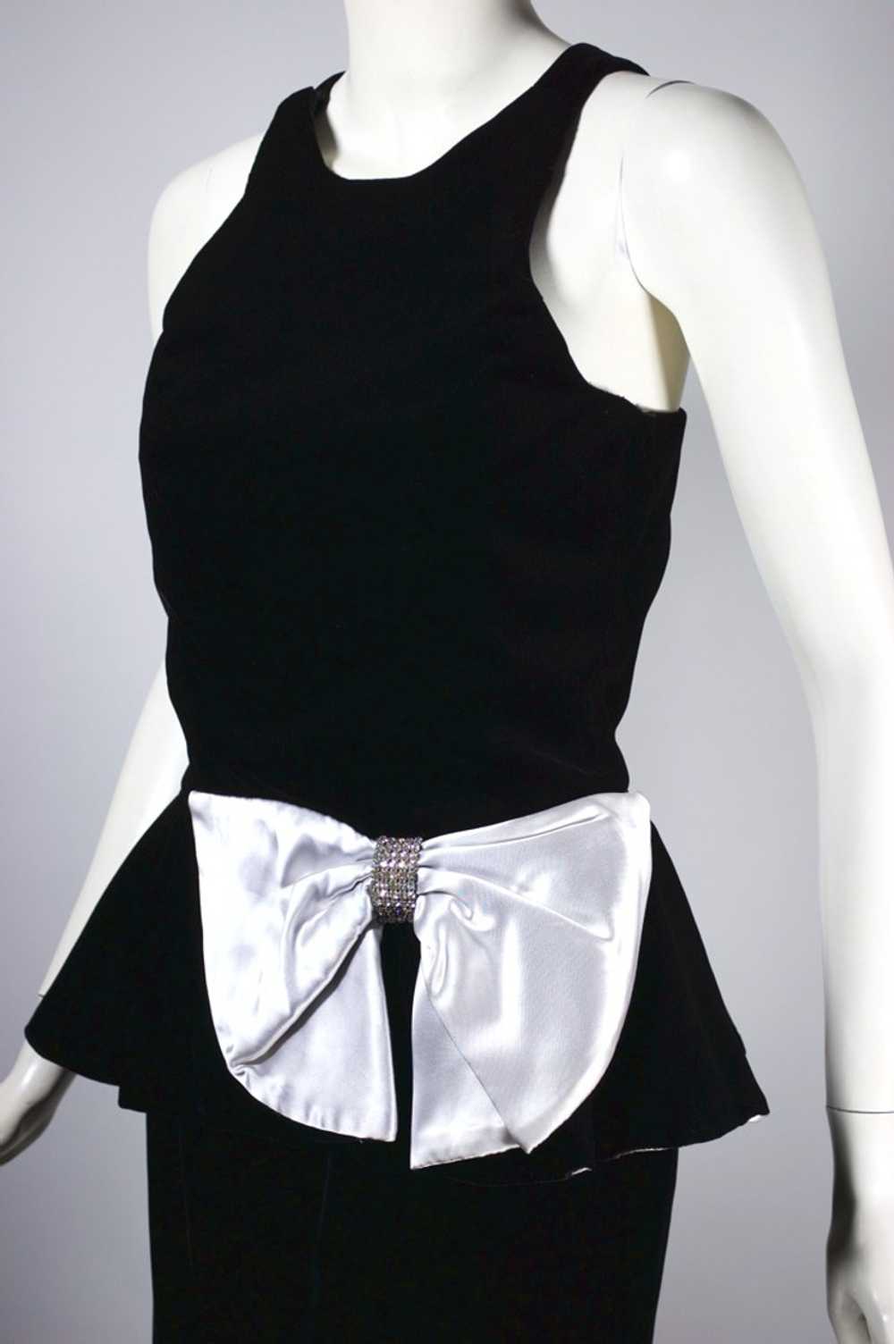 80s party peplum dress black velvet white satin b… - image 2