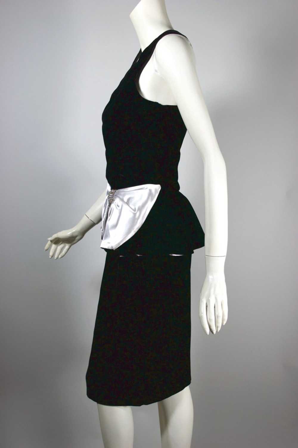 80s party peplum dress black velvet white satin b… - image 3