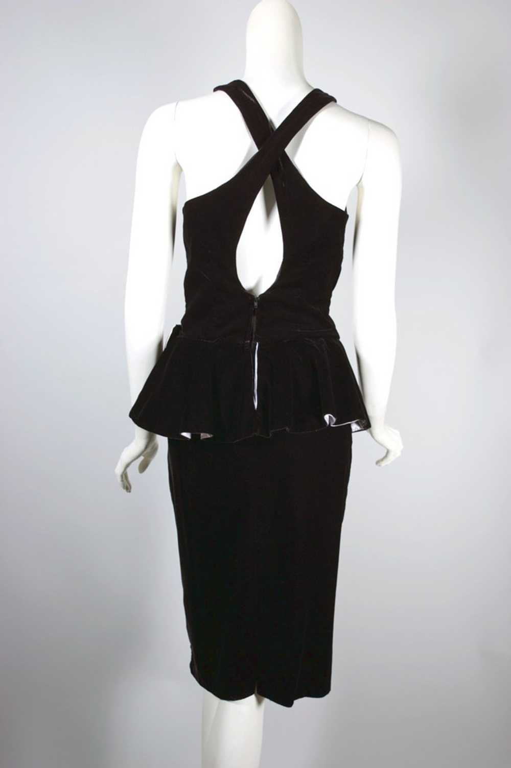 80s party peplum dress black velvet white satin b… - image 4