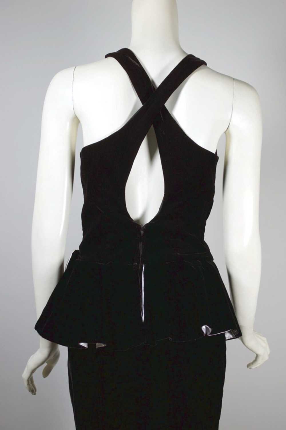 80s party peplum dress black velvet white satin b… - image 5