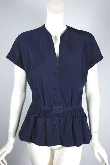 Navy blue crepe belted late 1940s peplum blouse | 