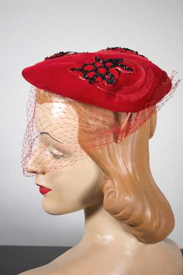 Lipstick red velvet 1950s hat beaded leaves trim v