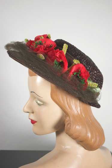 Shiny dark brown straw 1940s hat red poppies trim