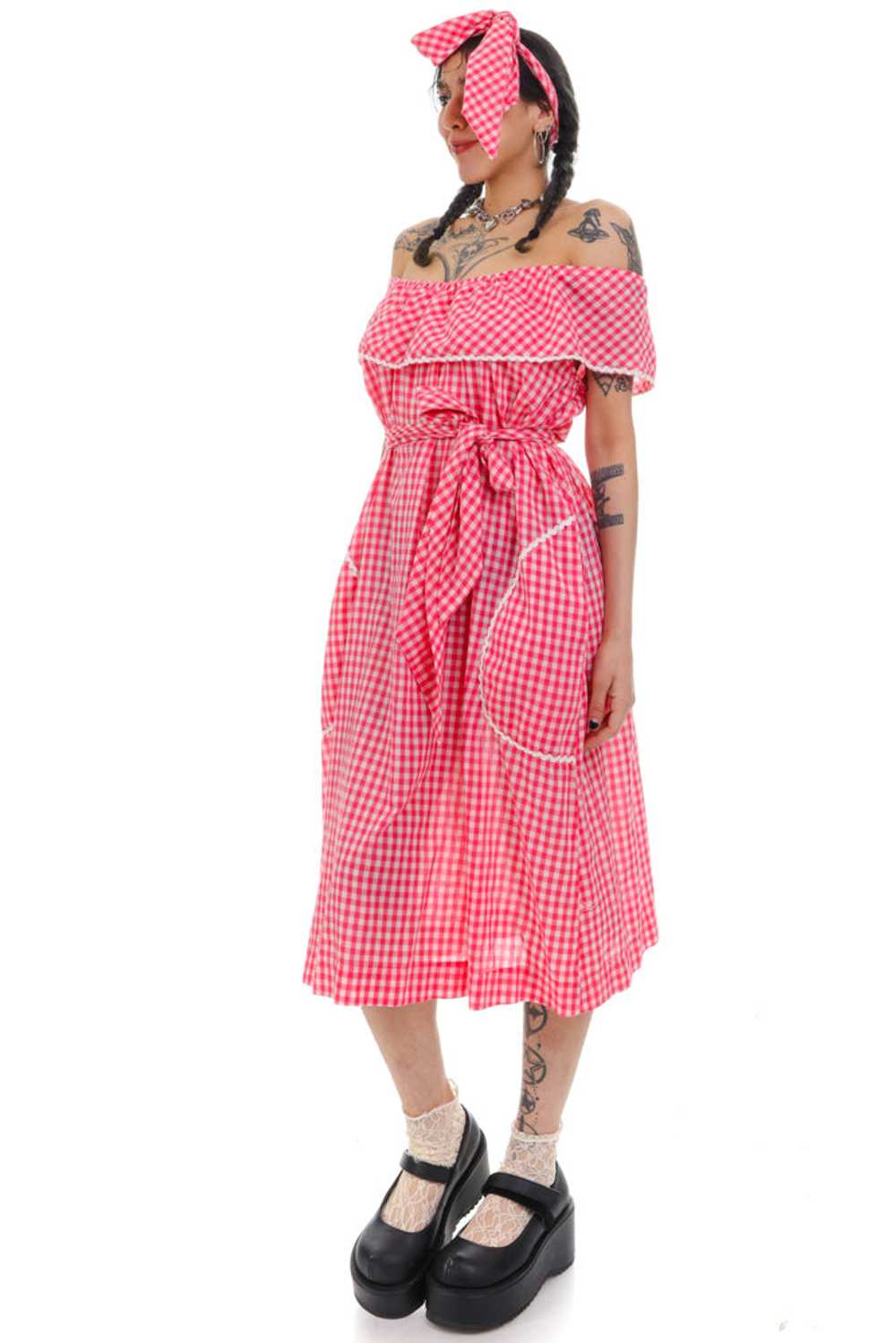 Vintage 70's Pretty In Pink Gingham Dress - OSFM - image 3