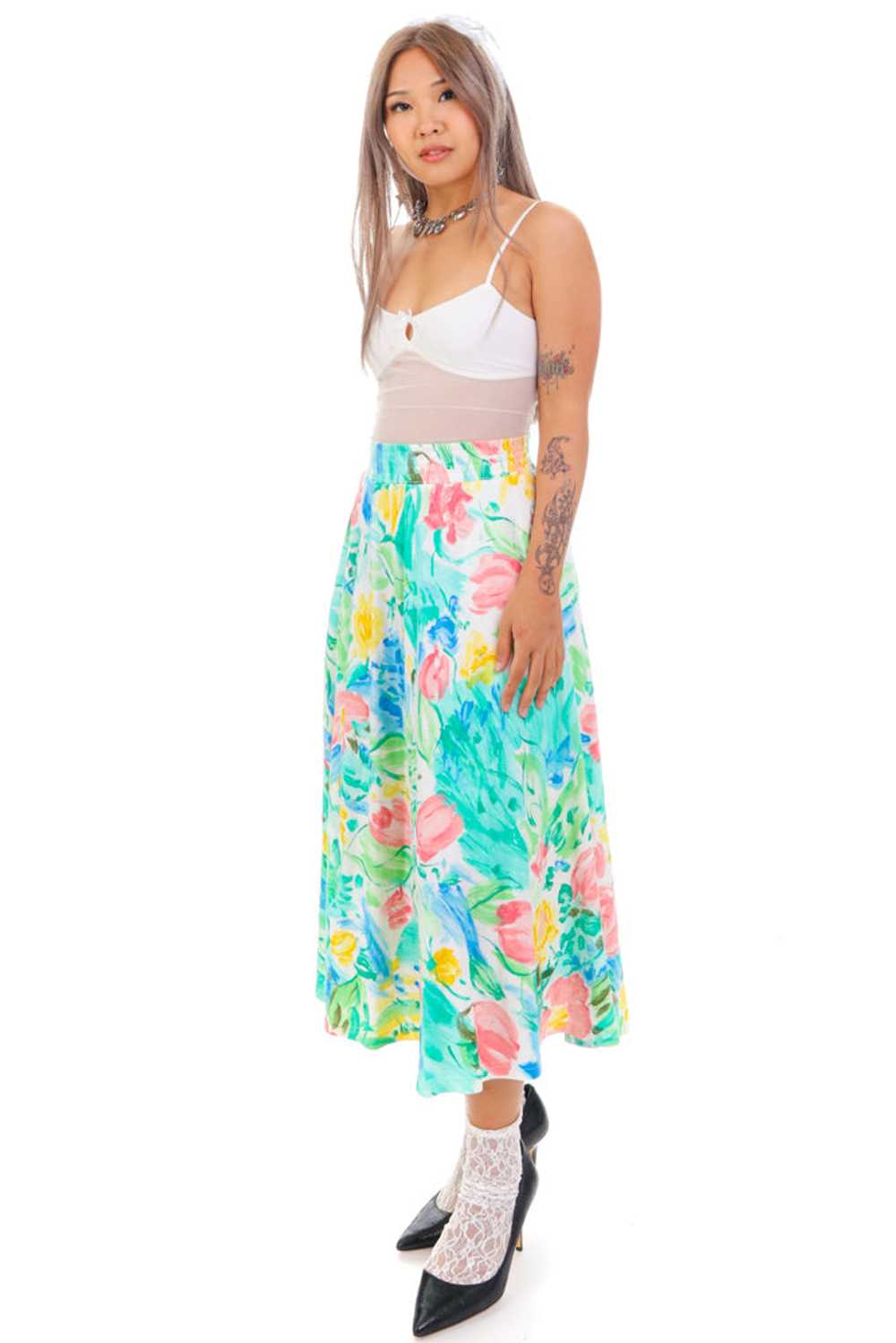 Vintage 80's Pretty Pastel Flower Maxi Skirt - S/M - image 3