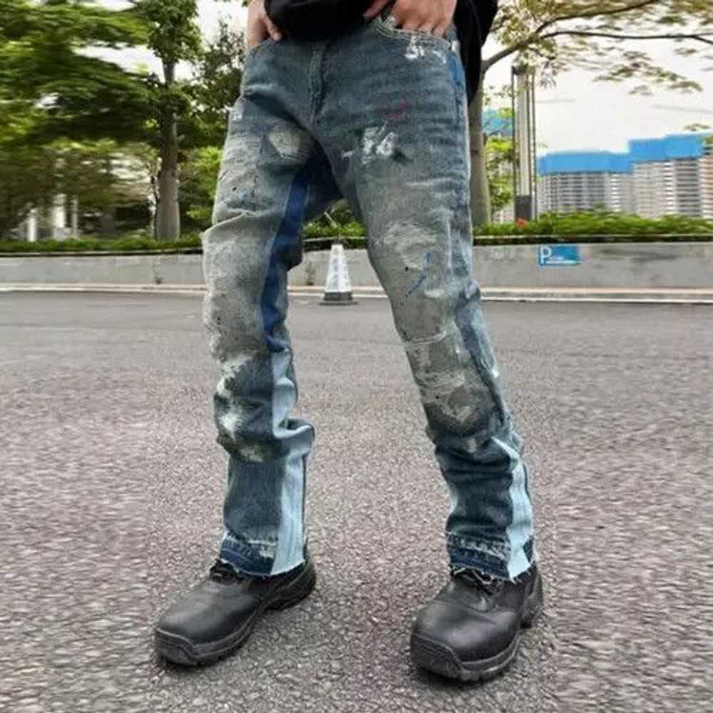 Streetwear Blue Paint Splatter Flared Pants - image 1