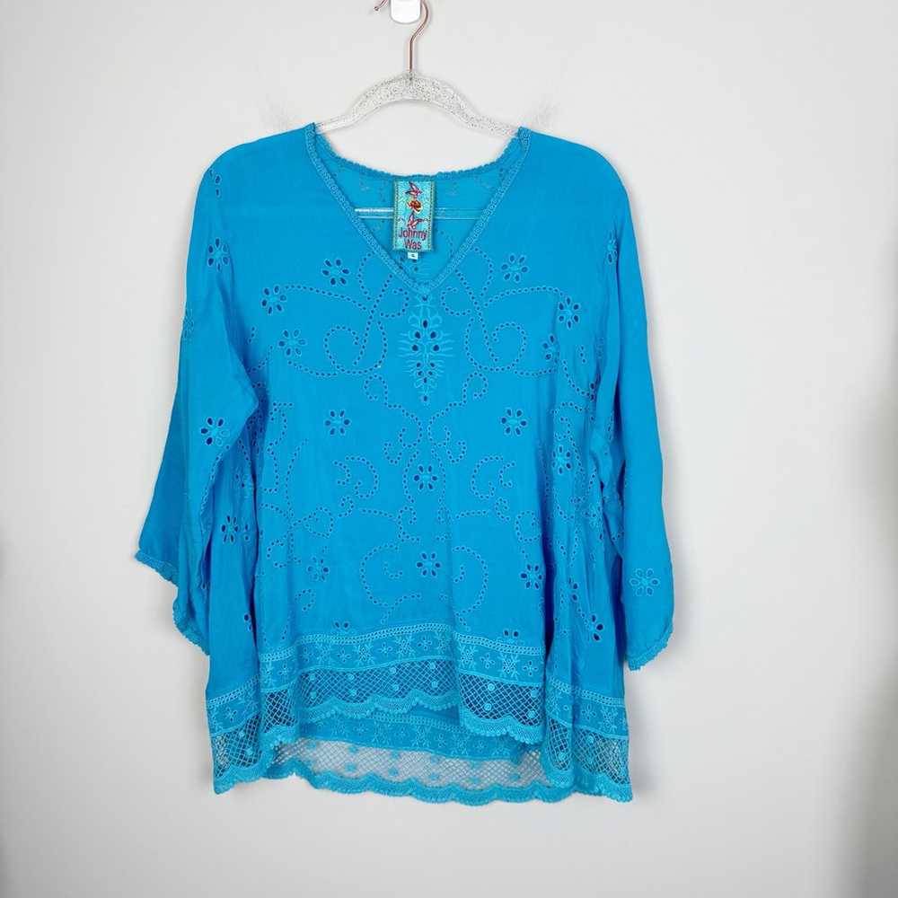 JOHNNY WAS | Bright Turquoise Blue Lasercut Embro… - image 1