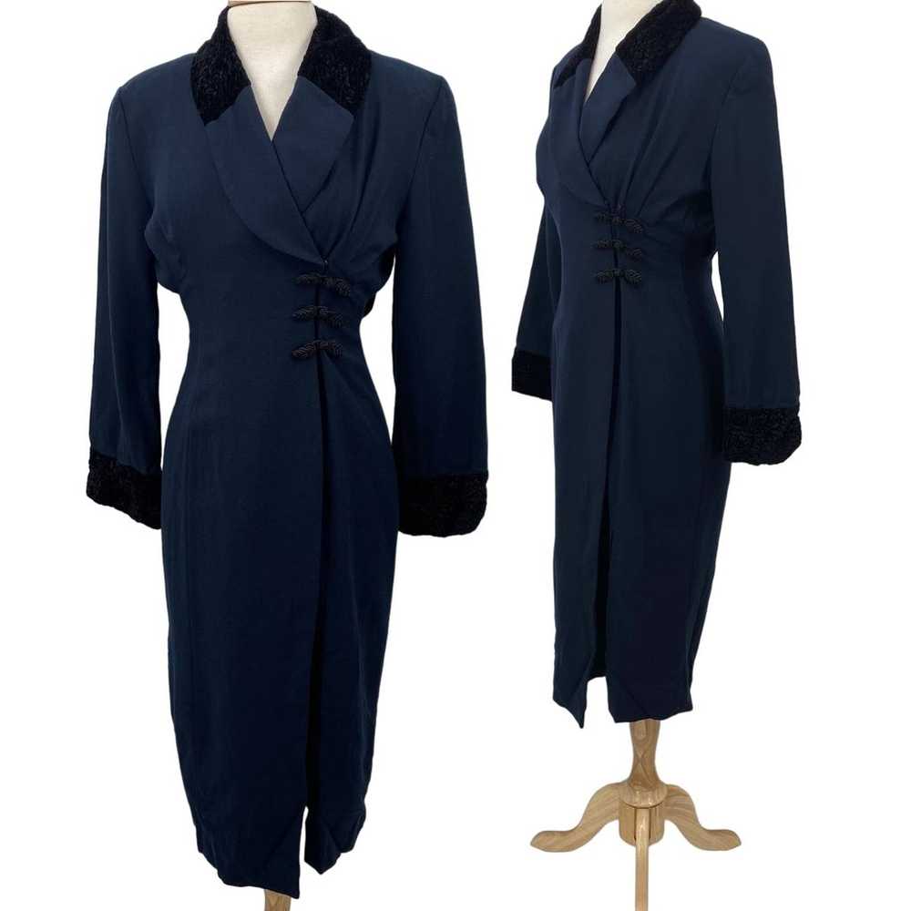 Vintage Wool Coat Dress Crushed Velvet Collar & C… - image 1