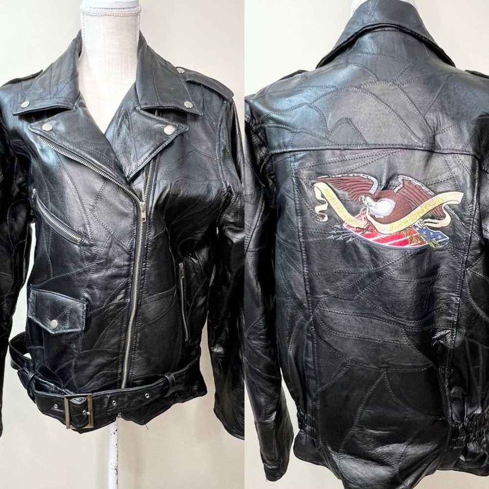 Vintage Leather Motorcycle Jacket Embroidered Bac… - image 1