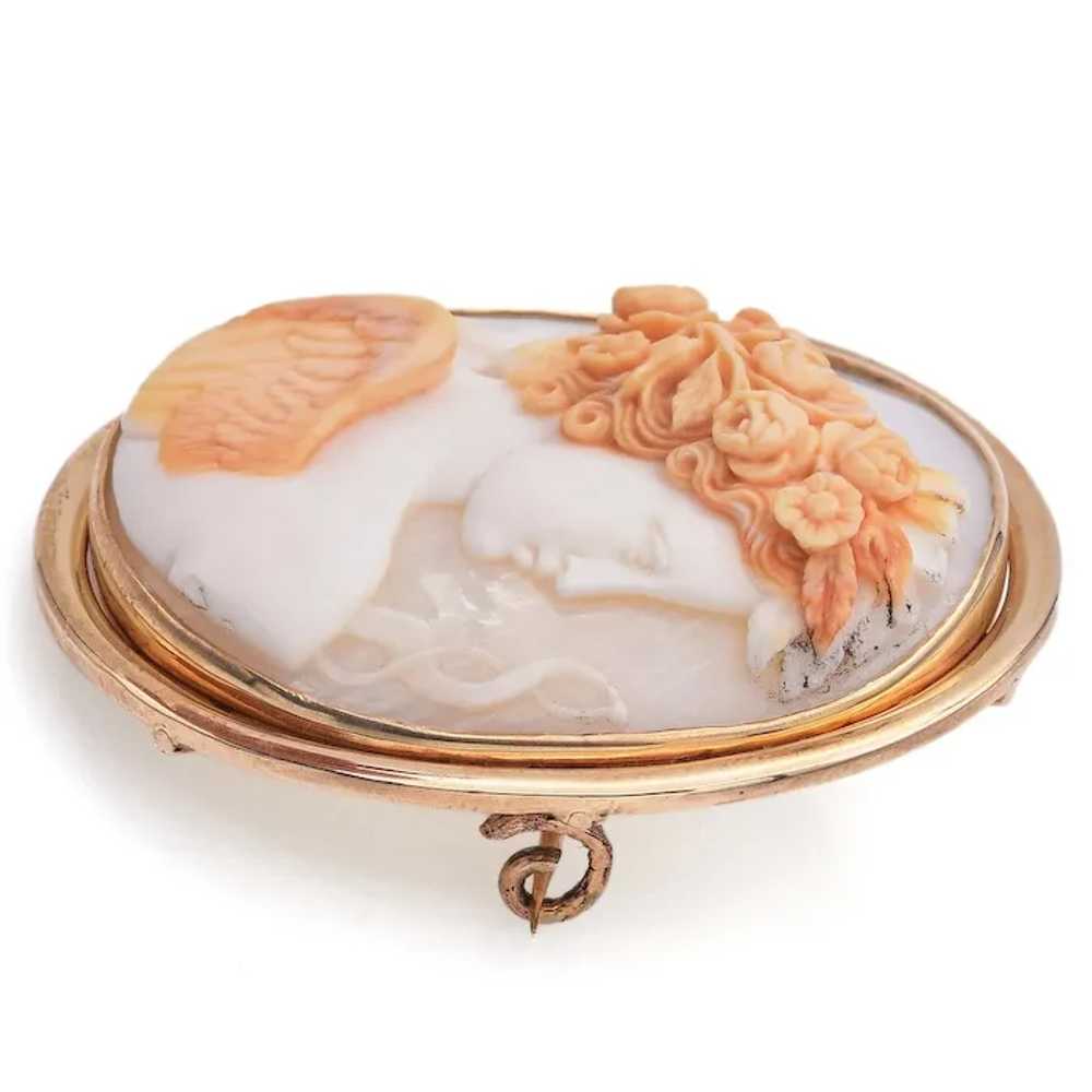 Antique Yellow Gold Cameo Shell Eros Brooch Pin - image 2