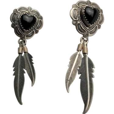 Sterling Silver Southwestern Onyx Heart Earrings