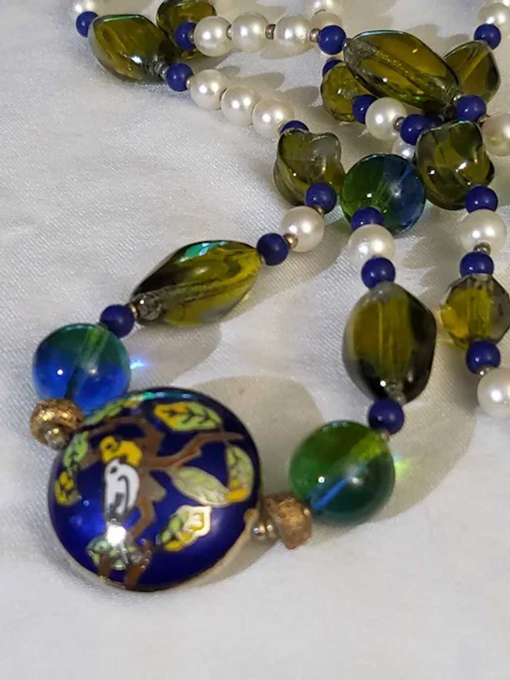 Cloisonne Enamel Birds Beaded Necklace 28" - image 3