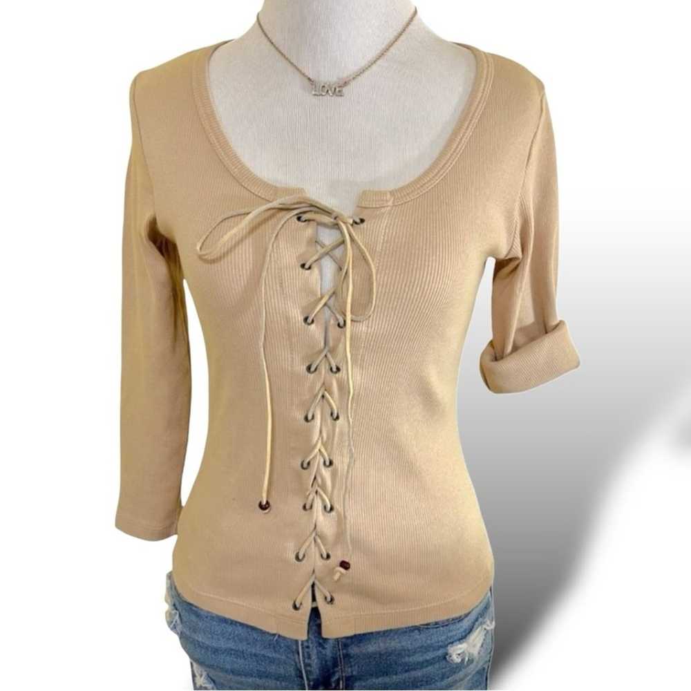 Vintage 90s Y2K Anchor Blue Tan Lace Up Top Size … - image 1