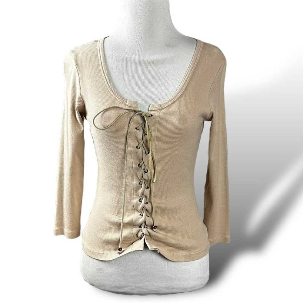 Vintage 90s Y2K Anchor Blue Tan Lace Up Top Size … - image 2