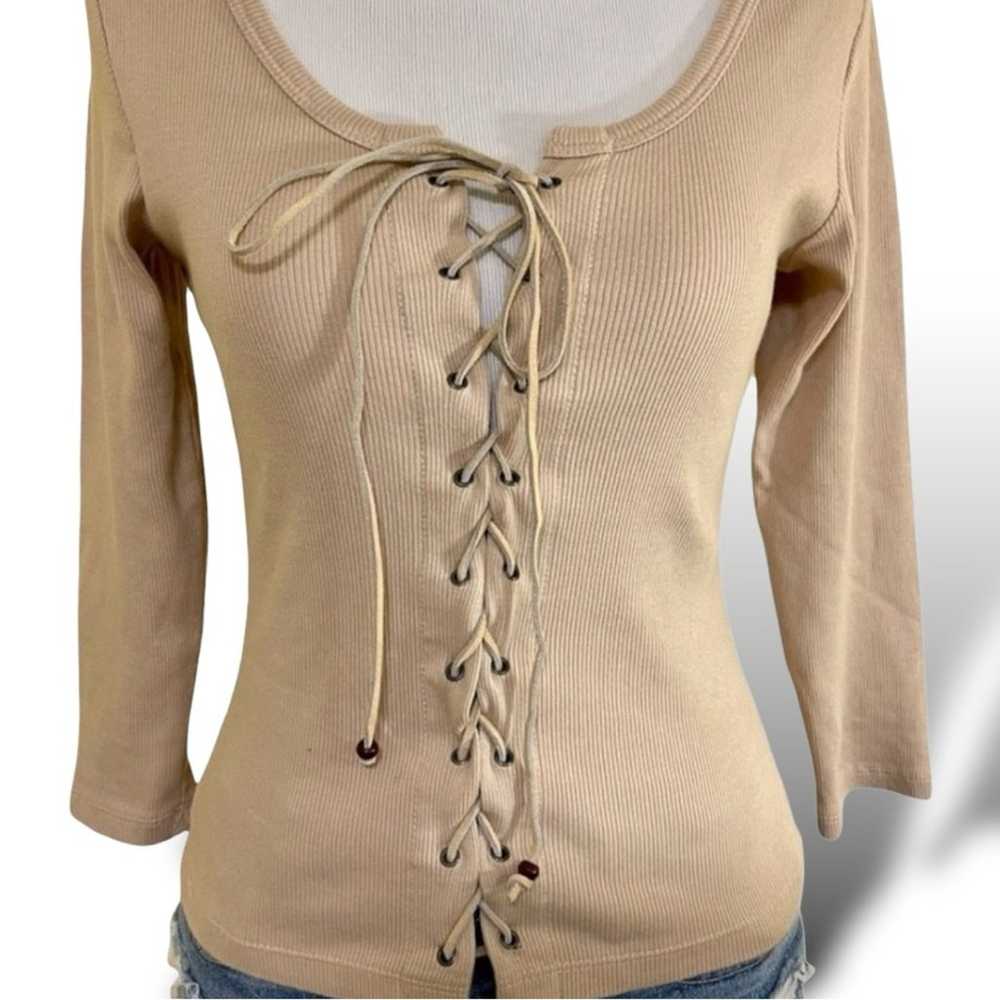 Vintage 90s Y2K Anchor Blue Tan Lace Up Top Size … - image 3