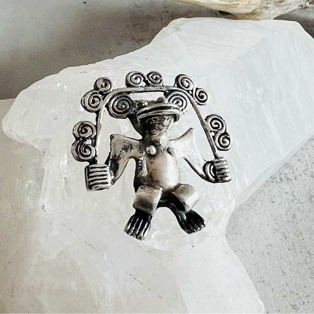 Vintage Sterling Silver Mesoamerican Deity Pendant - image 3