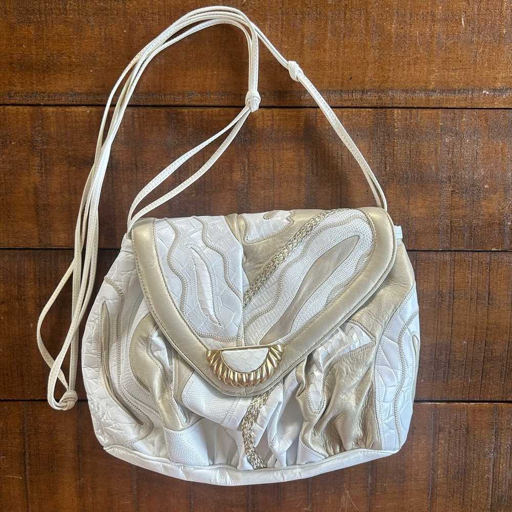 Vintage SHARIF Leather White/Gold Flap Evening Bag - image 1