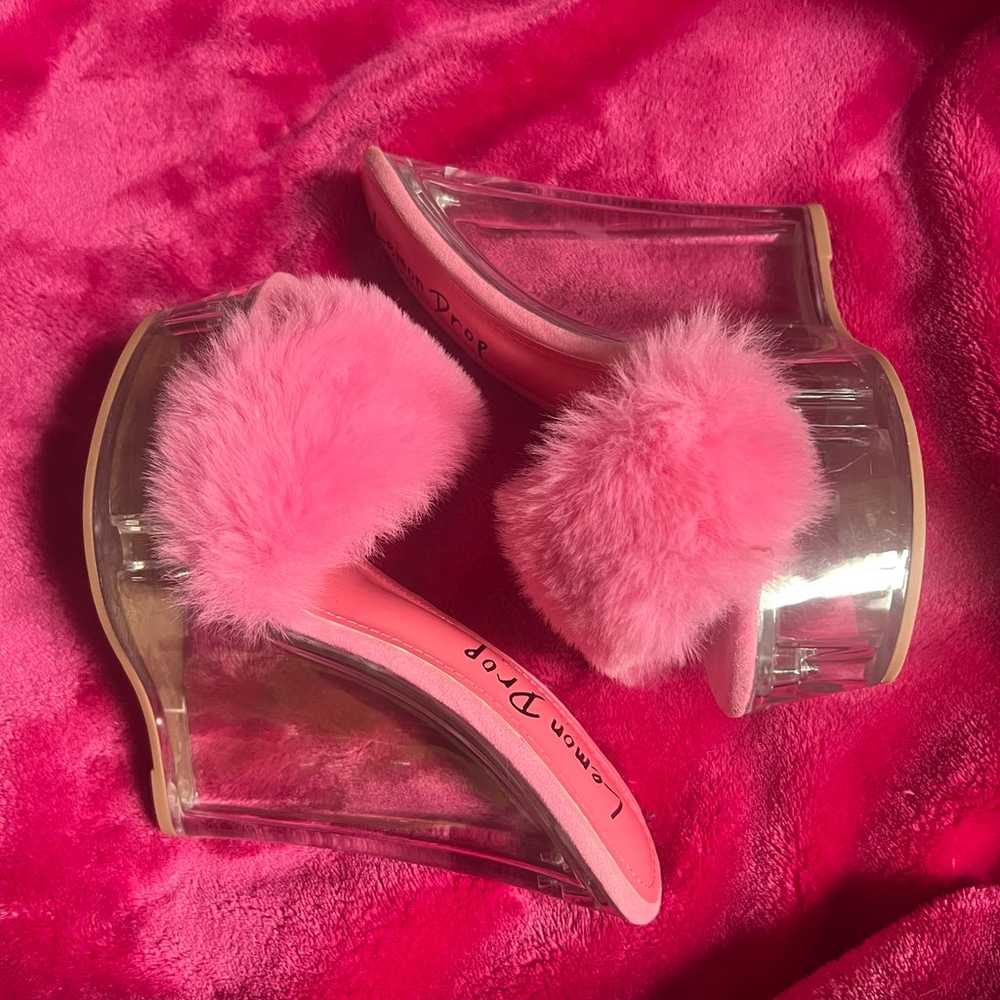 furry pink platform wedge heels - image 3