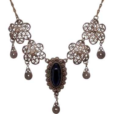 Art Deco Silver Filigree Festoon Necklace with On… - image 1