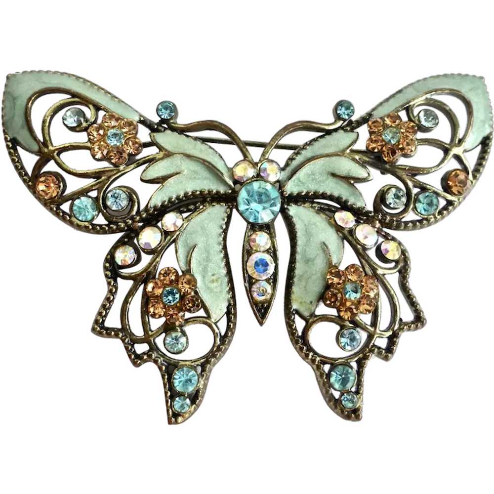 Butterfly Brooch of Minty Aqua Enamel (Avon) and … - image 1