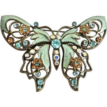 Butterfly Brooch of Minty Aqua Enamel (Avon) and … - image 1