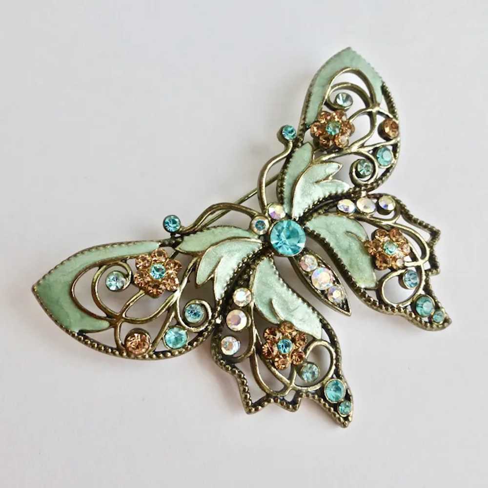 Butterfly Brooch of Minty Aqua Enamel (Avon) and … - image 2