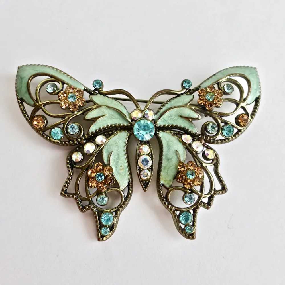 Butterfly Brooch of Minty Aqua Enamel (Avon) and … - image 4