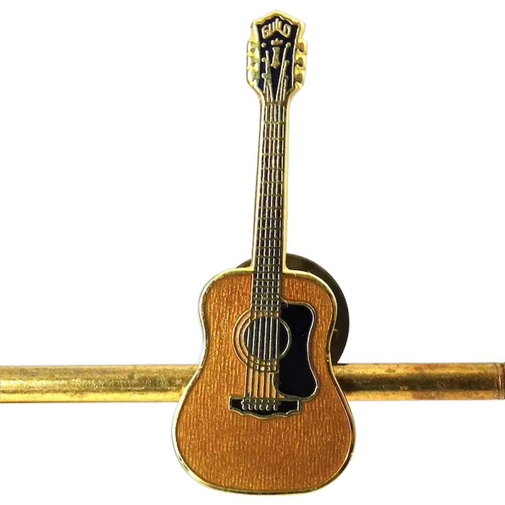 Vintage Acoustic Enamel Guitar Gold Tone Brooch P… - image 1