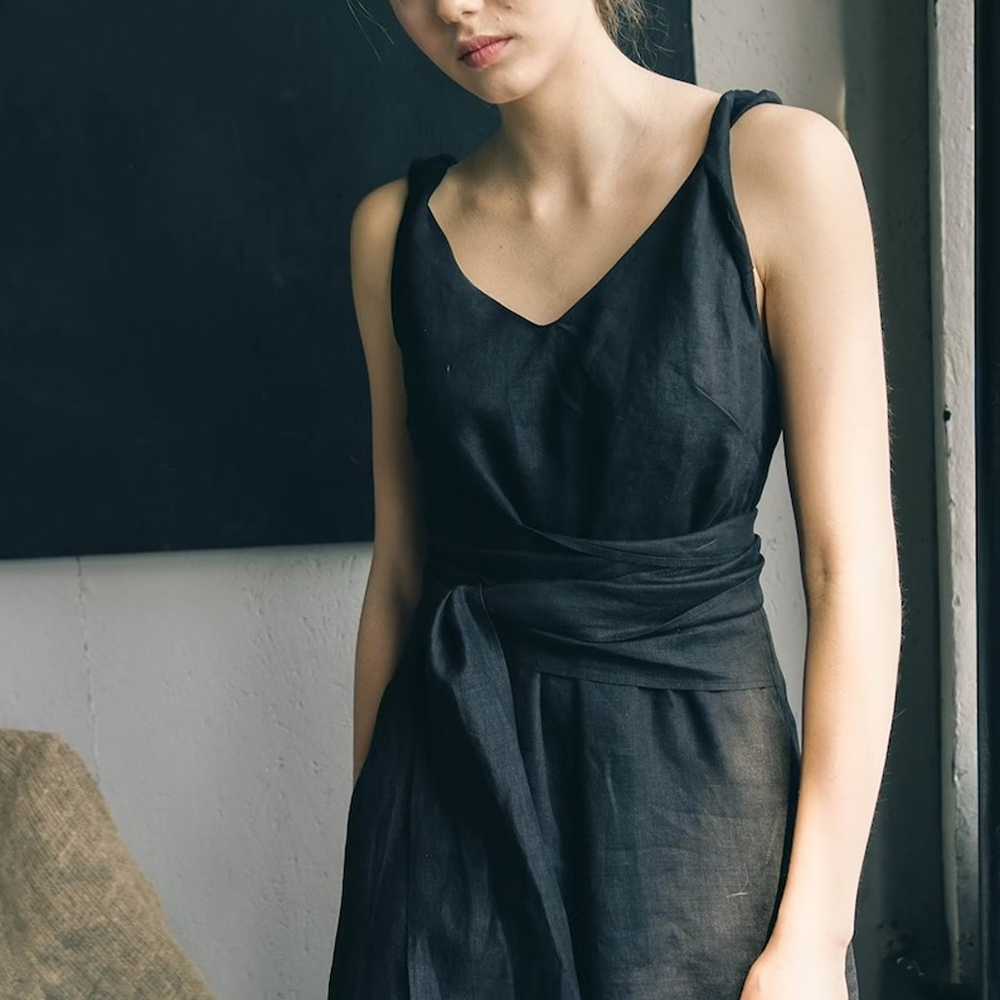 BLACK LINEN DRESS with pockets maxi black boho dr… - image 1