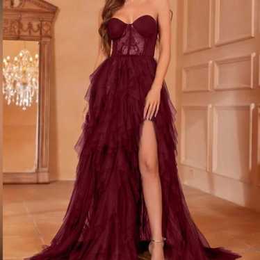 Burgundy Layered Mesh Strapless Formal Dress
