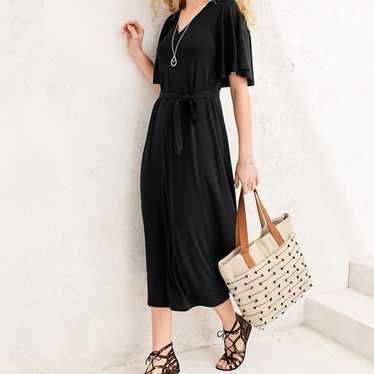 Garnet Hill Flutter-Sleeve Knit Midi Dress Black … - image 1