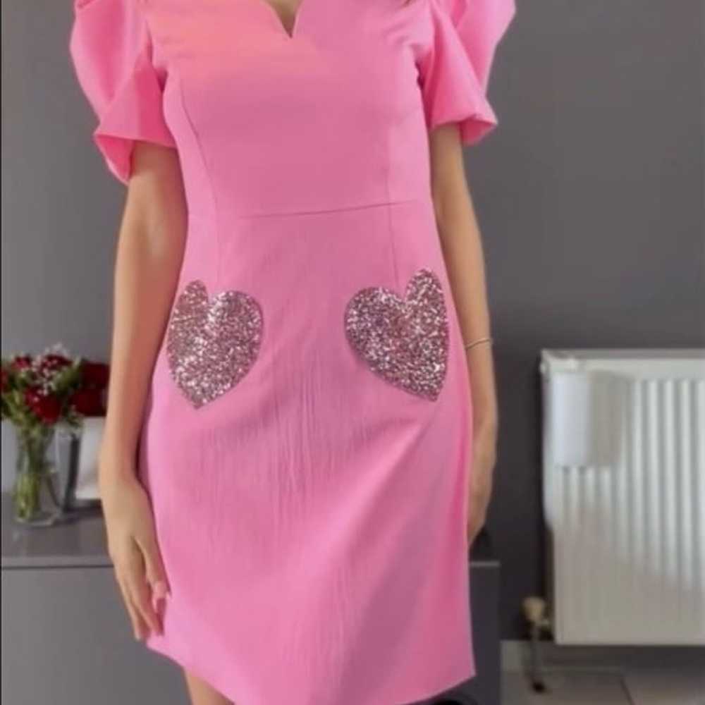Barbiecore puff sleeve bubblegum bling heart Dress - image 2