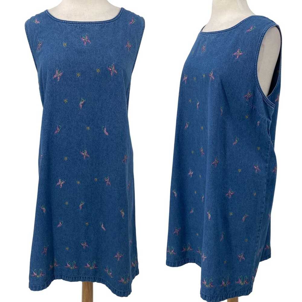 Vintage Y2k Denim Dress Embroidered Butterflies P… - image 1