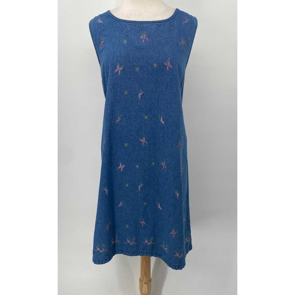 Vintage Y2k Denim Dress Embroidered Butterflies P… - image 2
