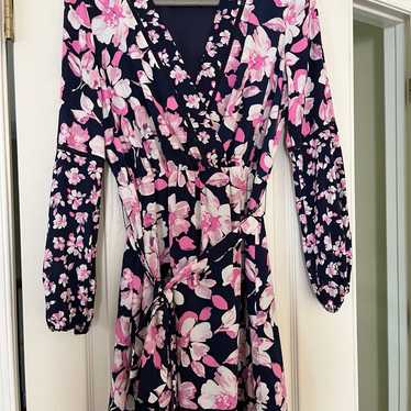 Eliza J Floral Faux Wrap Midi Dress Womens 8 Pink Black purchases Balloon Sleeve Tie NWT