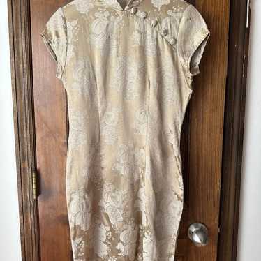 Vintage 90’s Cheongsam QiPao Style Taupe Floral W… - image 1