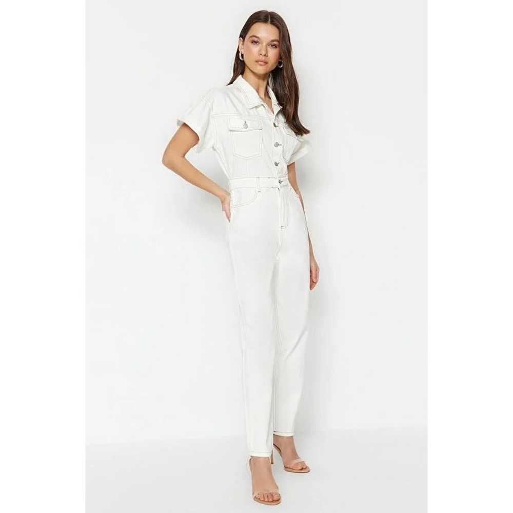 Zara White Denim Short Sleeve Boilersuit Button D… - image 6