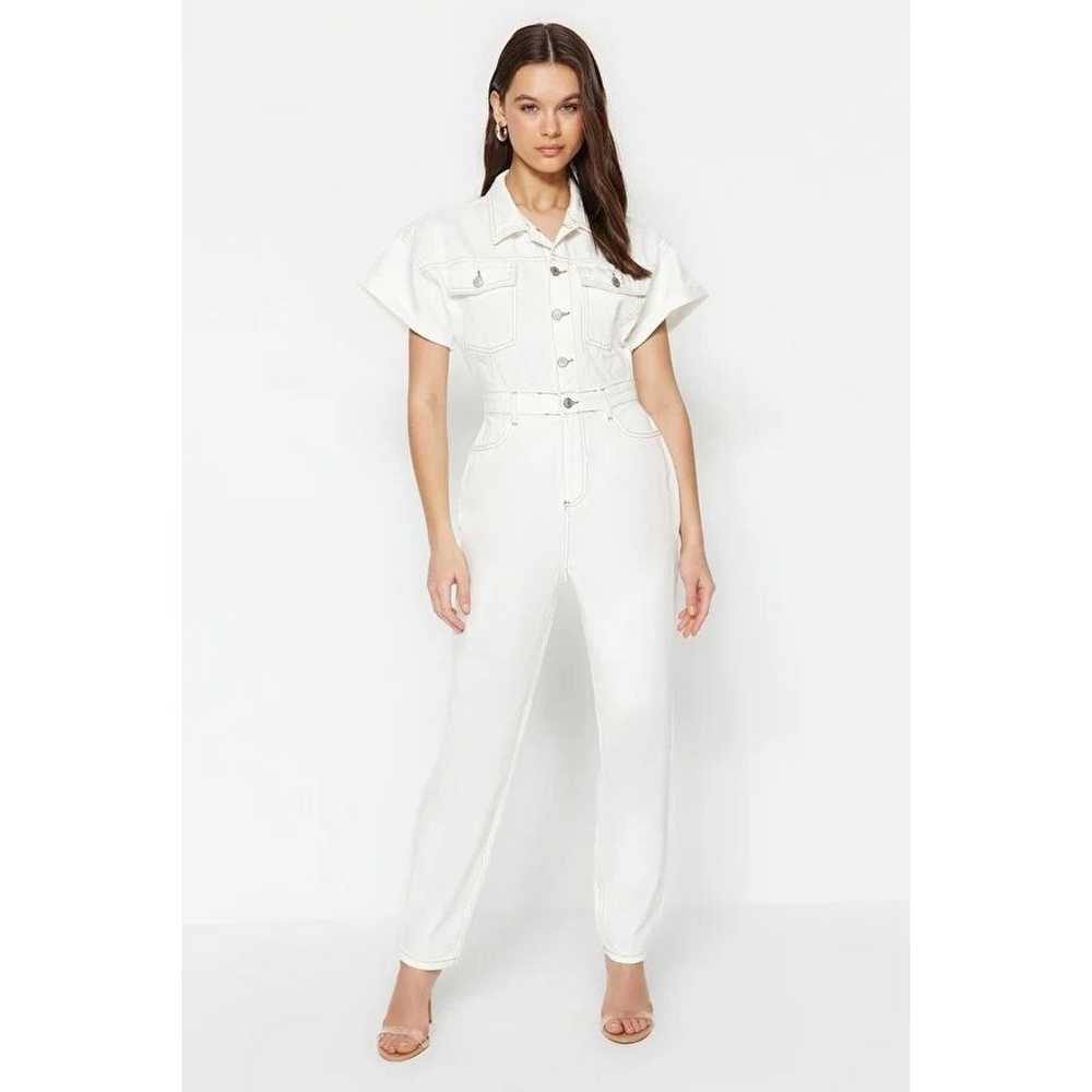 Zara White Denim Short Sleeve Boilersuit Button D… - image 9