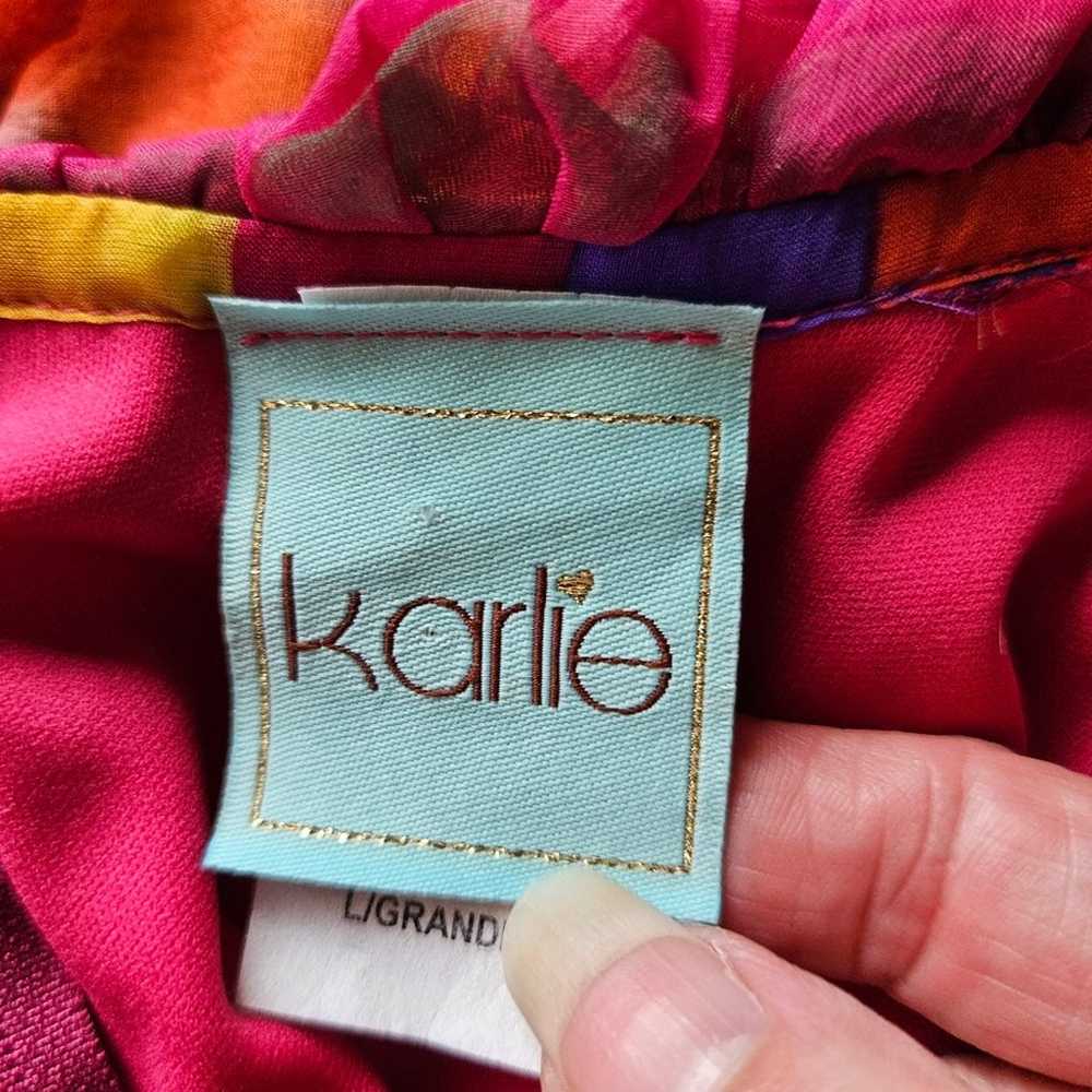Karlie 100% Silk Fuchsia Pink Ribbon Print Ruffle… - image 11