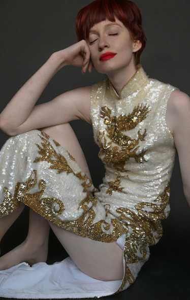1960s sequin bead gold dragon phoenix qipao cheon… - image 1