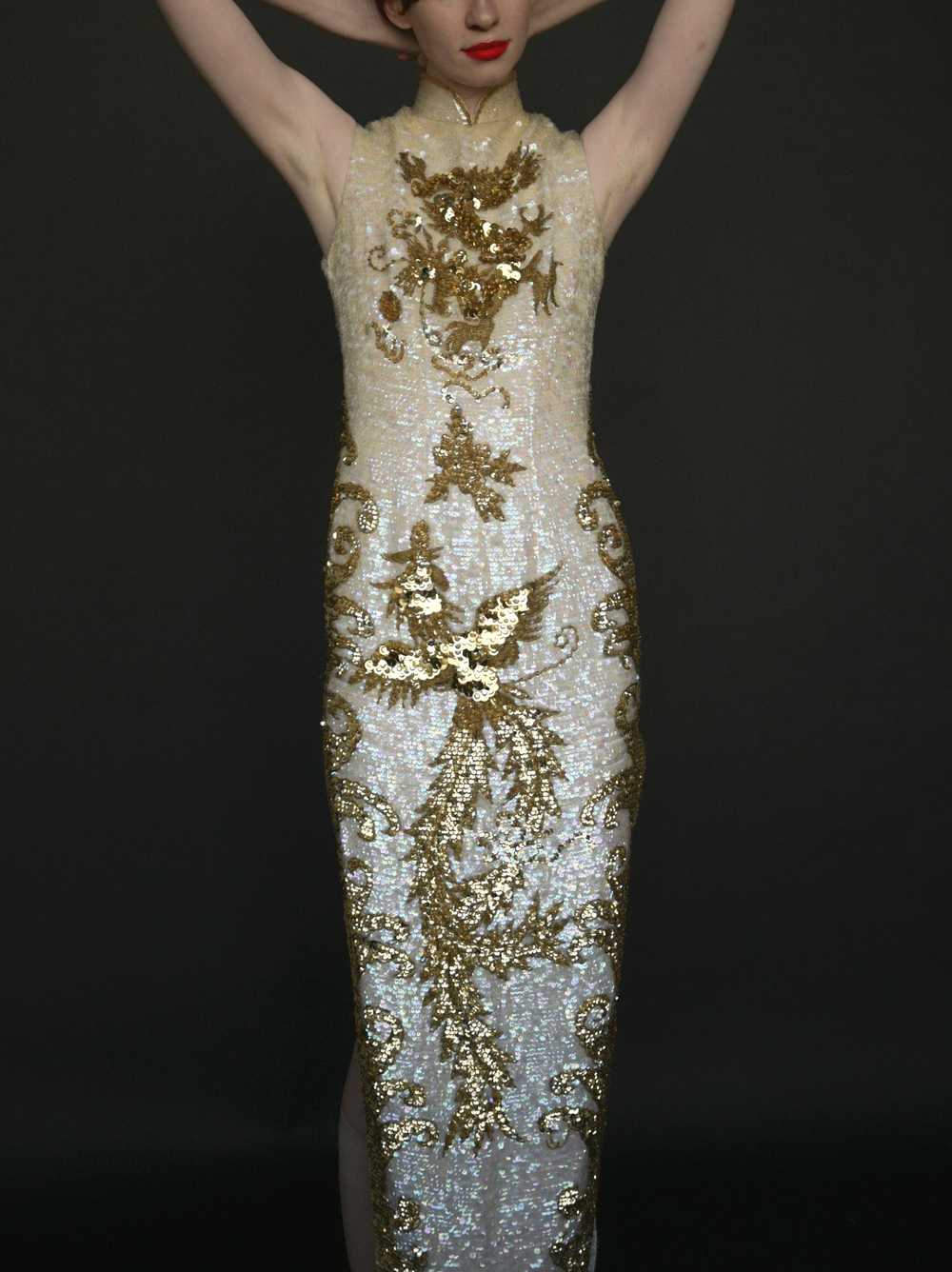 1960s sequin bead gold dragon phoenix qipao cheon… - image 4