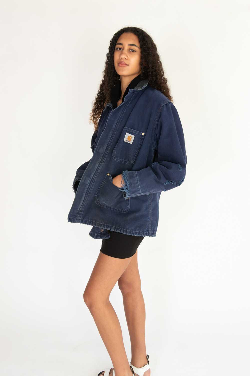 Vintage Distressed Blue Carhartt Chore Coat (1990… - image 3